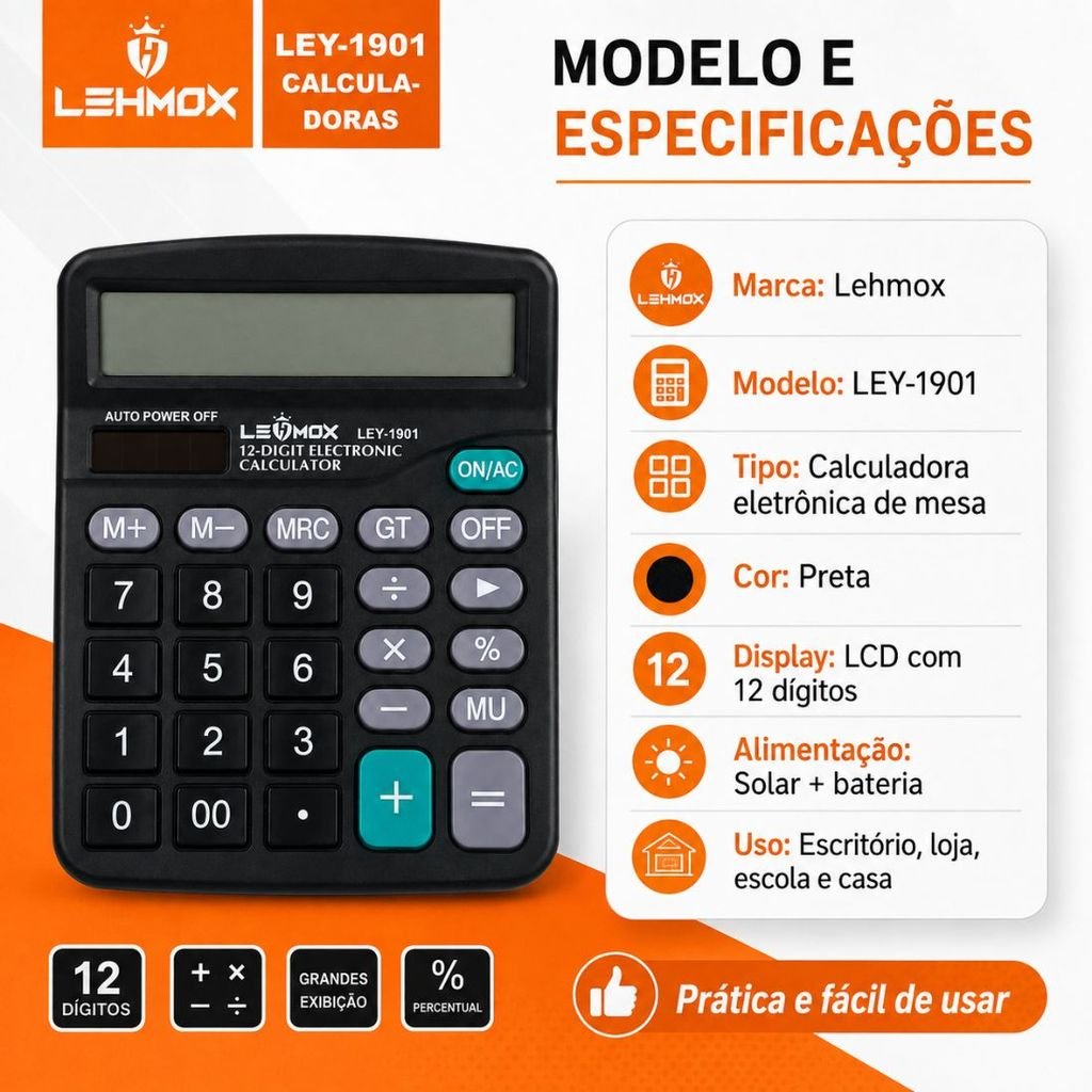 Calculadora De Mesa Lehmox Com Visor Grande 12 Dígitos - imagem 4