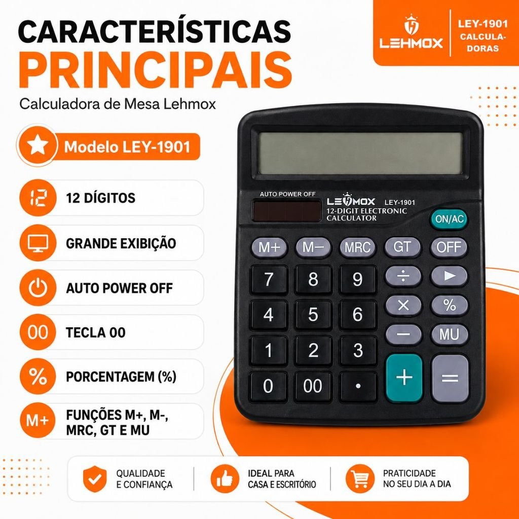 Calculadora De Mesa Lehmox Com Visor Grande 12 Dígitos - imagem 5