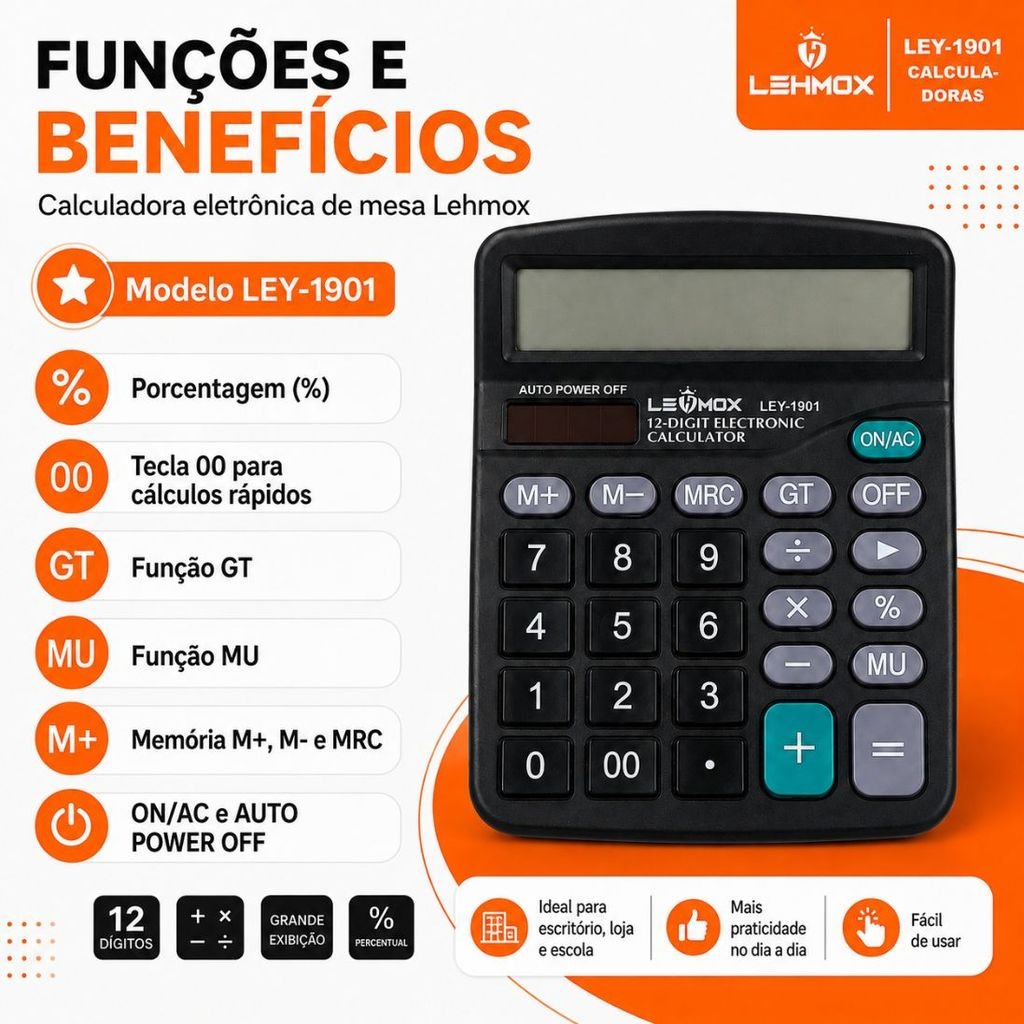Calculadora De Mesa Lehmox Com Visor Grande 12 Dígitos - imagem 6