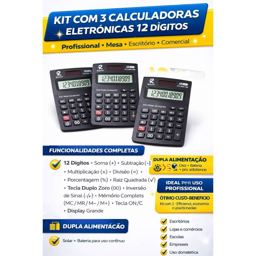 Kit e Conjunto 3 Calculadoras 12 Dígitos Solar Profissional - imagem 4