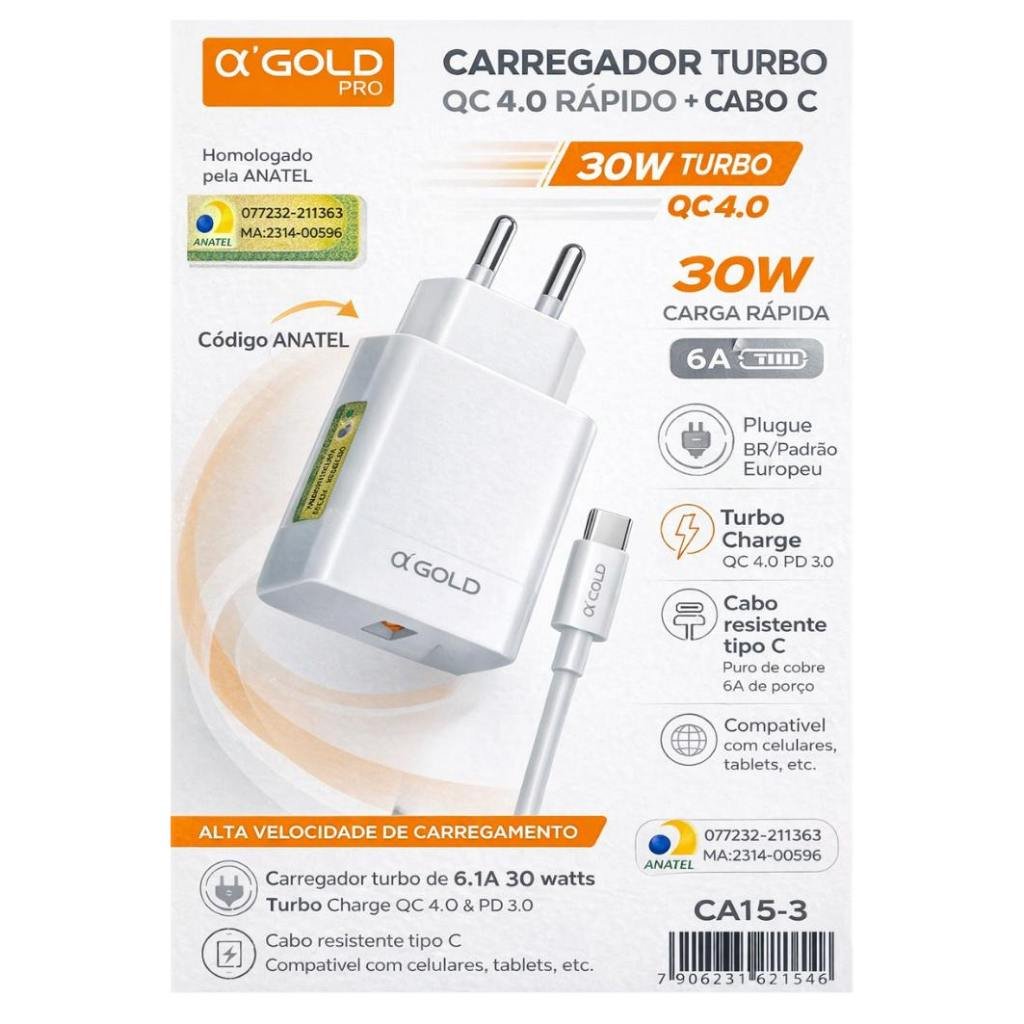 Carregador Turbo 30W 6.1A QC 4.0 Rápido + Cabo Tipo C Anatel - imagem 2