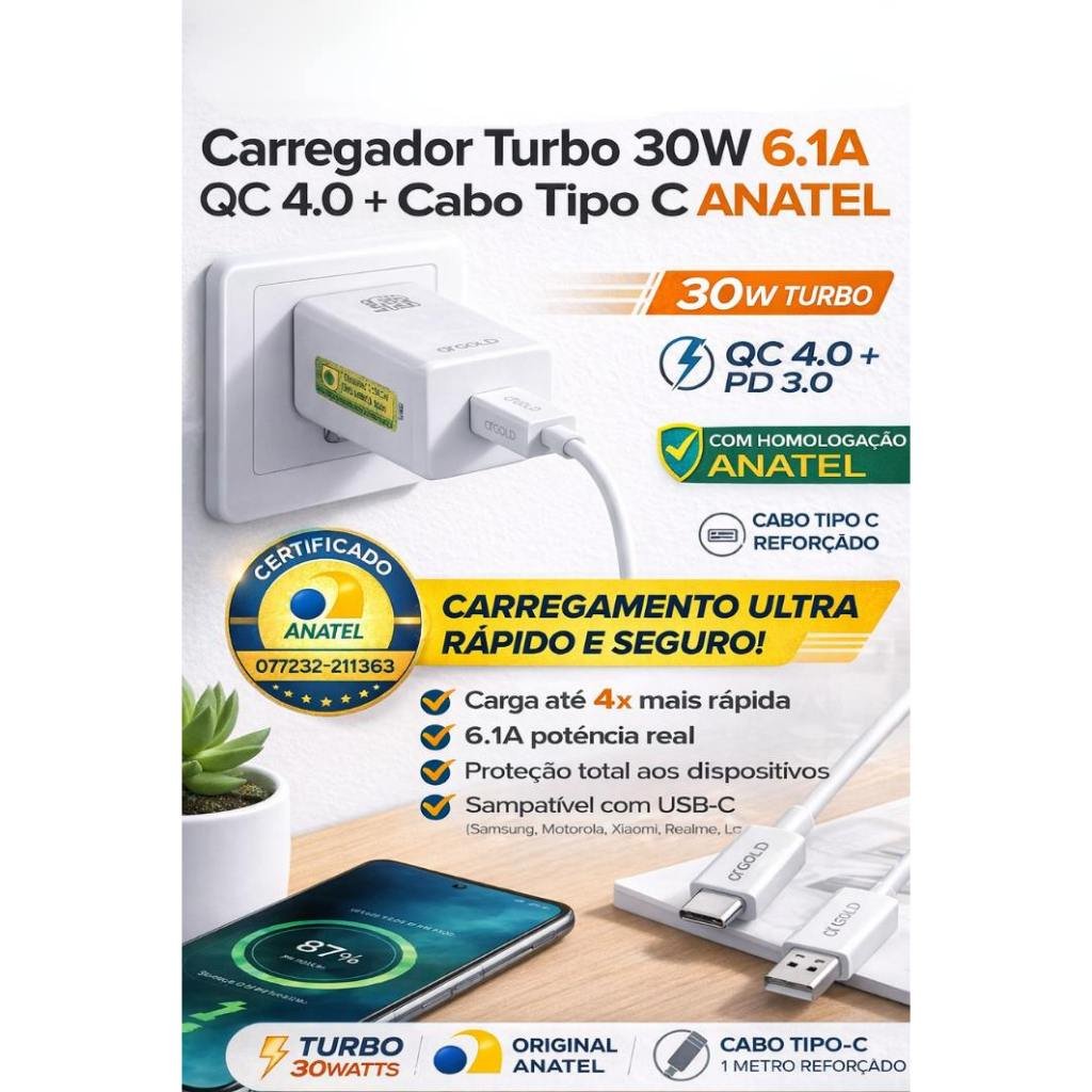 Carregador Turbo 30W 6.1A QC 4.0 Rápido + Cabo Tipo C Anatel - imagem 4