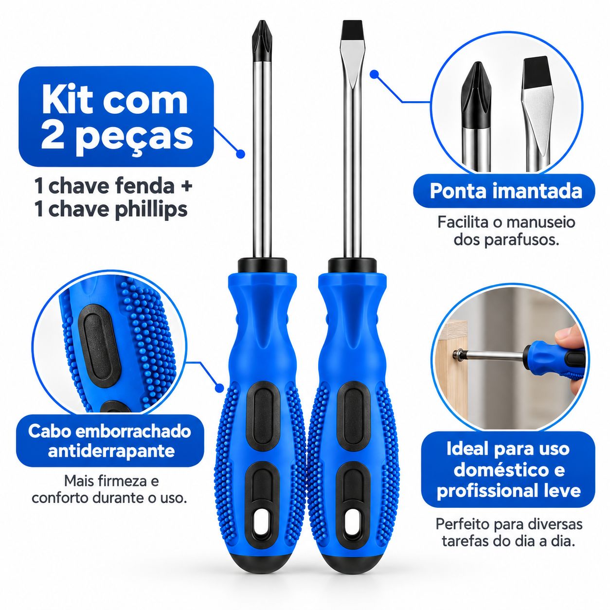 Kit Chave Fenda Phillips 2 Peça 19,9cm Imantada Emborrachado - imagem 2