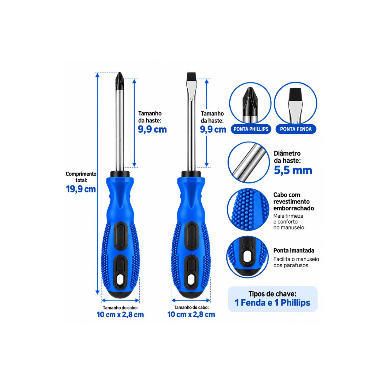Kit Chave Fenda Phillips 2 Peça 19,9cm Imantada Emborrachado - imagem 4