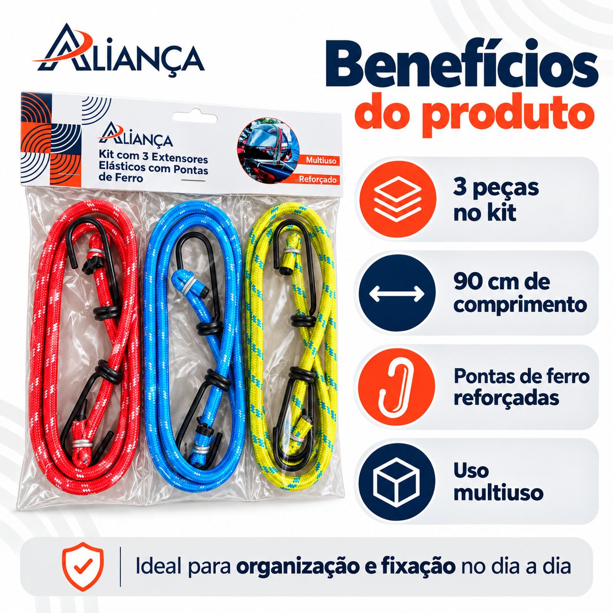 Kit 3 Extensores Elásticos 90cm Gancho Ferro Reforçado - imagem 2