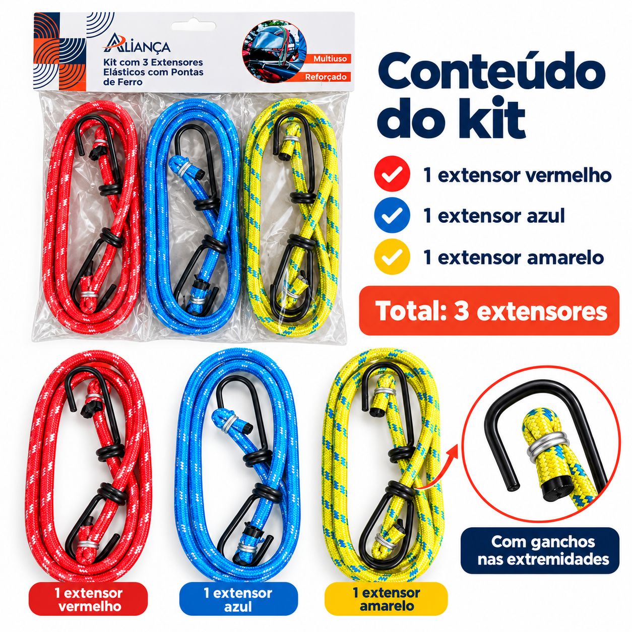 Kit 3 Extensores Elásticos 90cm Gancho Ferro Reforçado - imagem 3